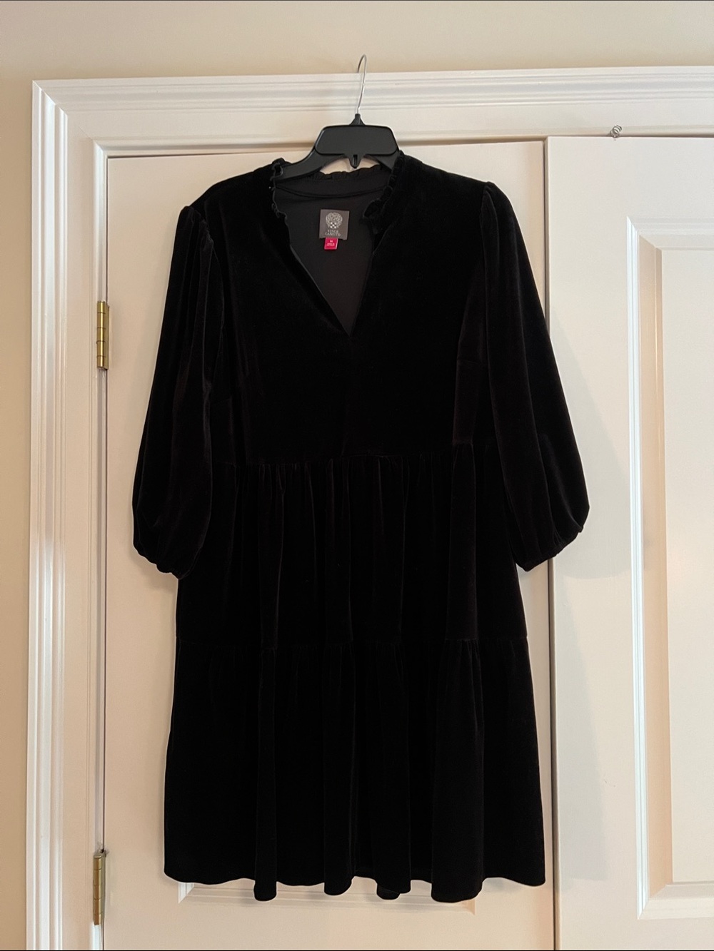 Vince Camuto Black Velvet Tiered V-Neck Mini Dress